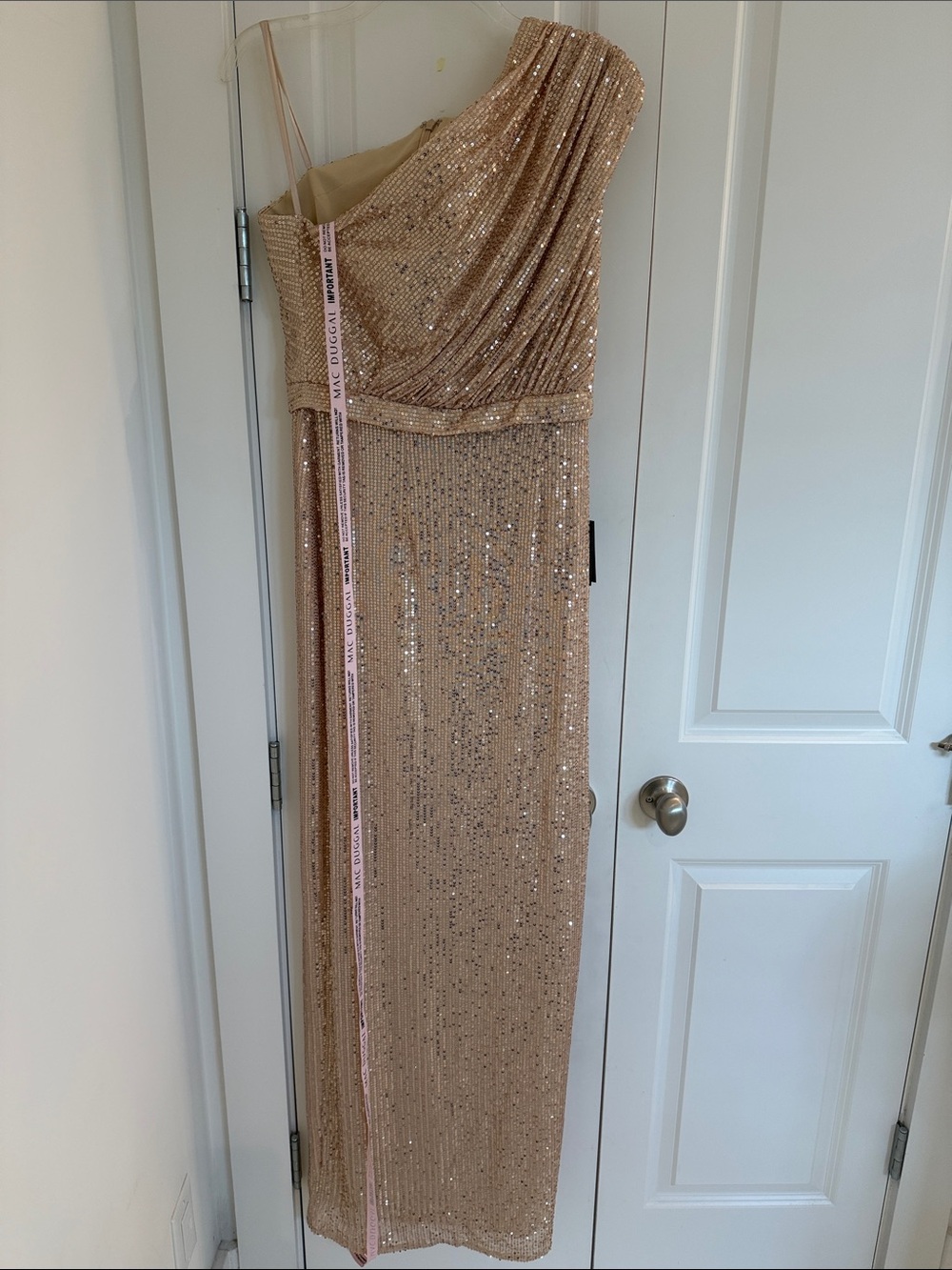 Mac Duggal One-Shoulder Sequin Gown in Champagne